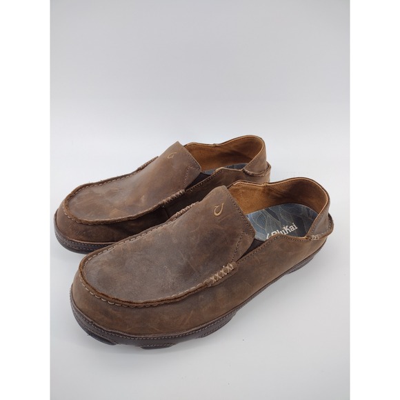 OluKai Moloa Mens Dark Wood Leather Slip On Loafers Drop In Heel Size 11